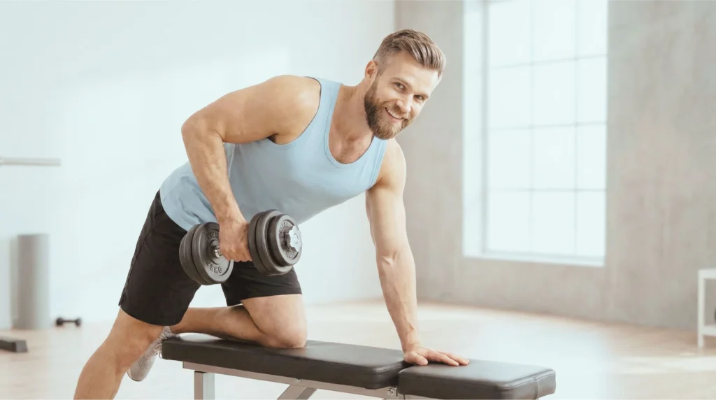 en man lyfter de justerbara hantlarna 2x10 kg från gymstick i en enarms rodd
