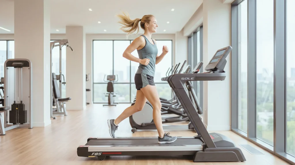 kvinna springer på löpbandet Sole Fitness F85