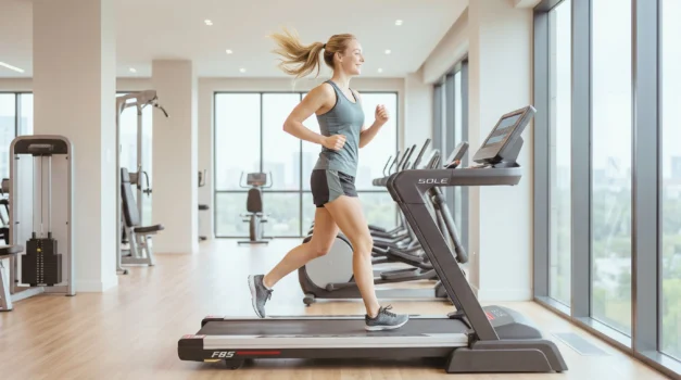johanna testar att springa på löpbandet Sole Fitness F85