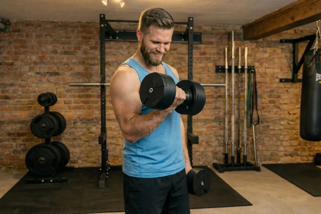 en man lyfter smartlock hammer 32 kg justerbara hantlar i en bicepscurl