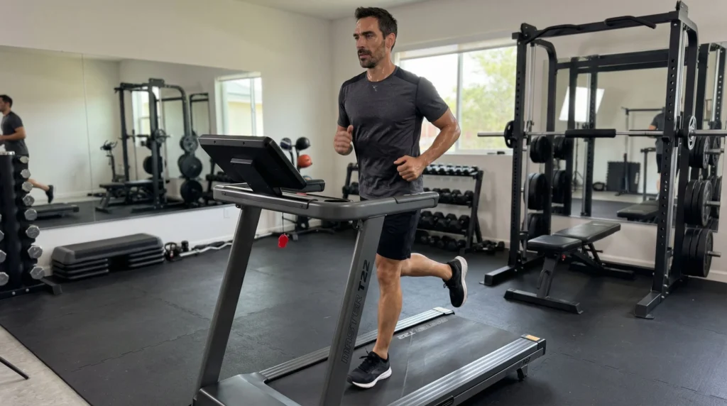 en man springer på löpbandet Master Fitness T22