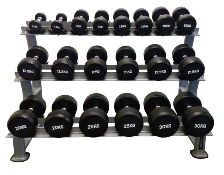 Hantelpaket gummi 10 par 2,5-30 kg med 3-våningsställ