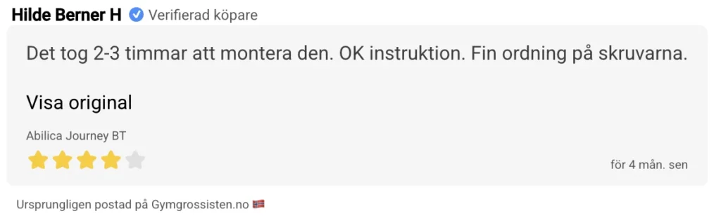 kundomdöme för abilica journey bt som bekräftar att monteringen är enkel och att det är en bra instruktionsbok