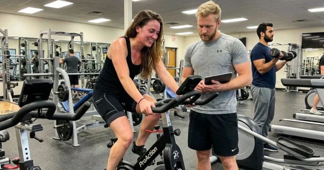 människor som testar bh fitness lyon spinningcykel inför en recension