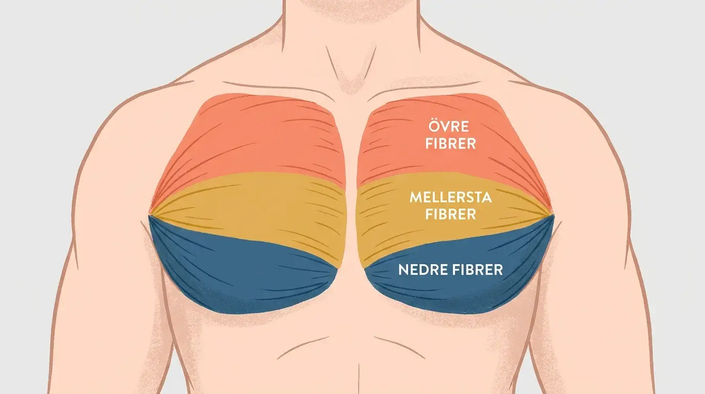 Anatomisk illustration av bröstmuskulaturen sedda framifrån på en stiliserad mansöverkropp