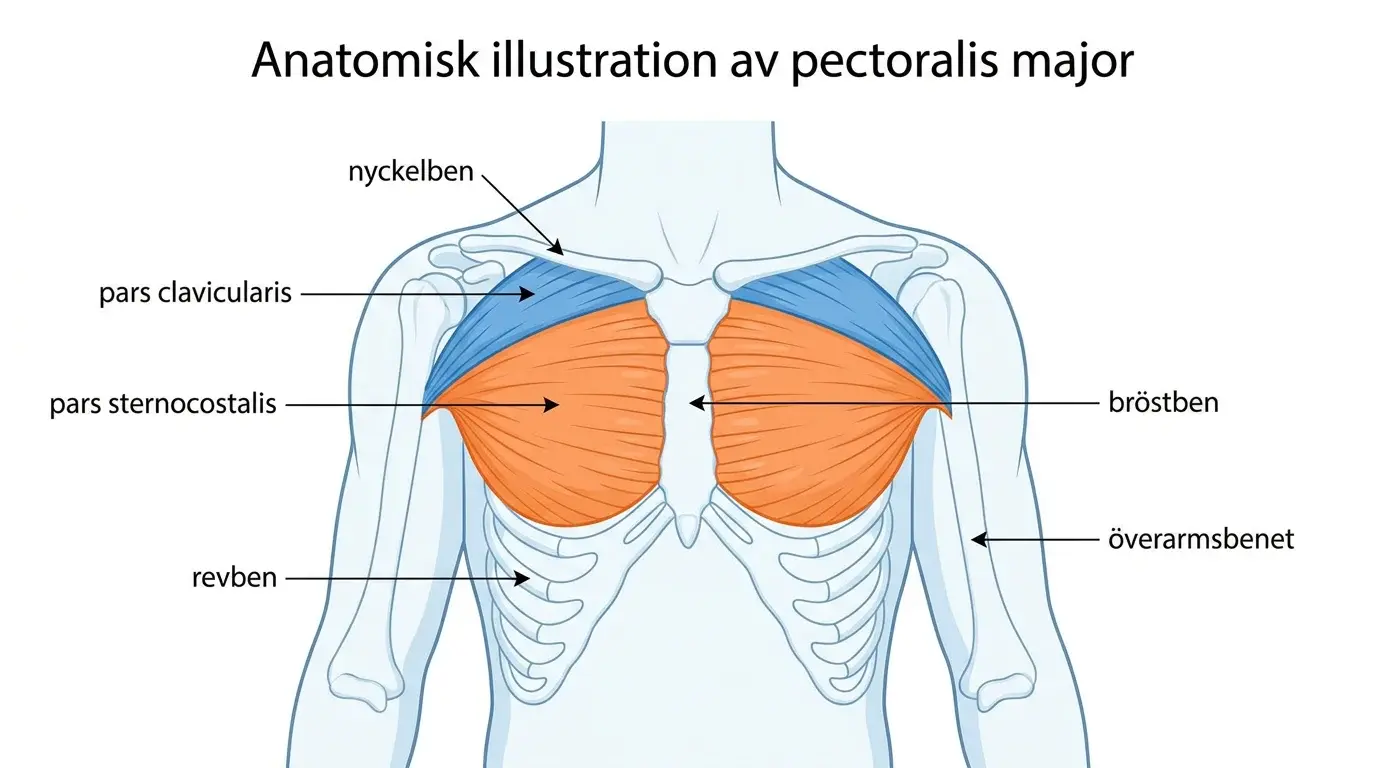 Anatomisk illustration av pectoralis major sedd framifrån på en stiliserad manlig torso