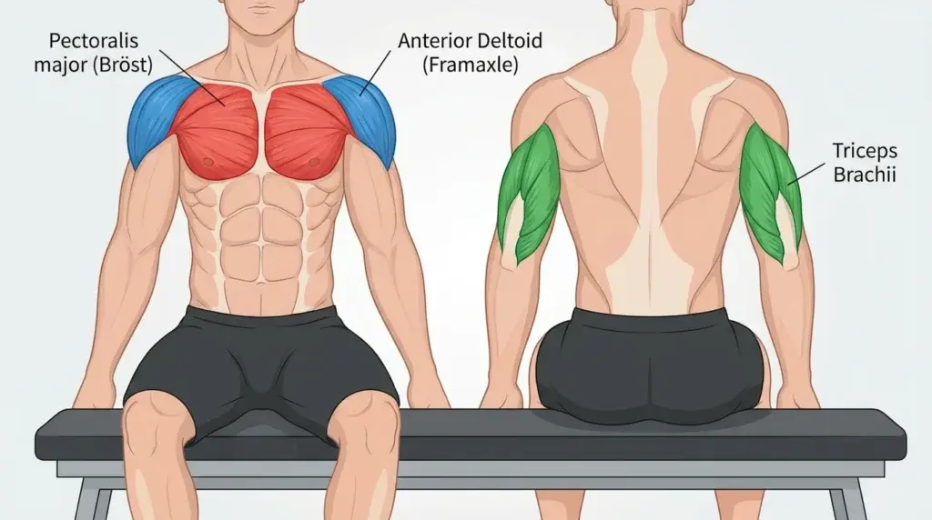 Anatomisk illustration i modern infografikstil som visar bröst axel och triceps muskler