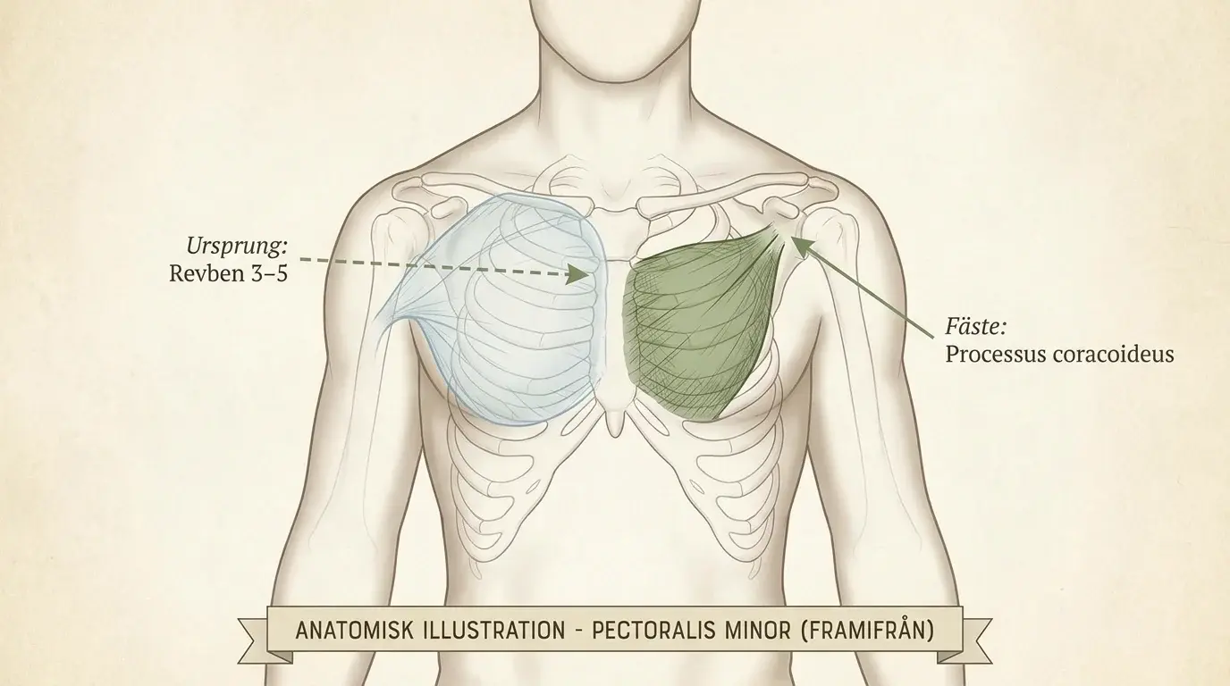 Anatomisk illustration som visar pectoralis minor på en stiliserad manlig torso