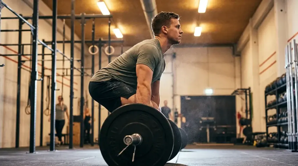 En atlet i CrossFit-gym utför ett marklyft med korrekt teknik: neutral rygg