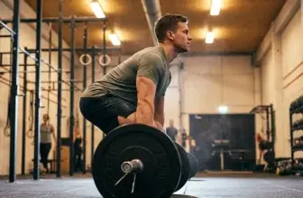 En atlet i CrossFit-gym utför ett marklyft med korrekt teknik: neutral rygg
