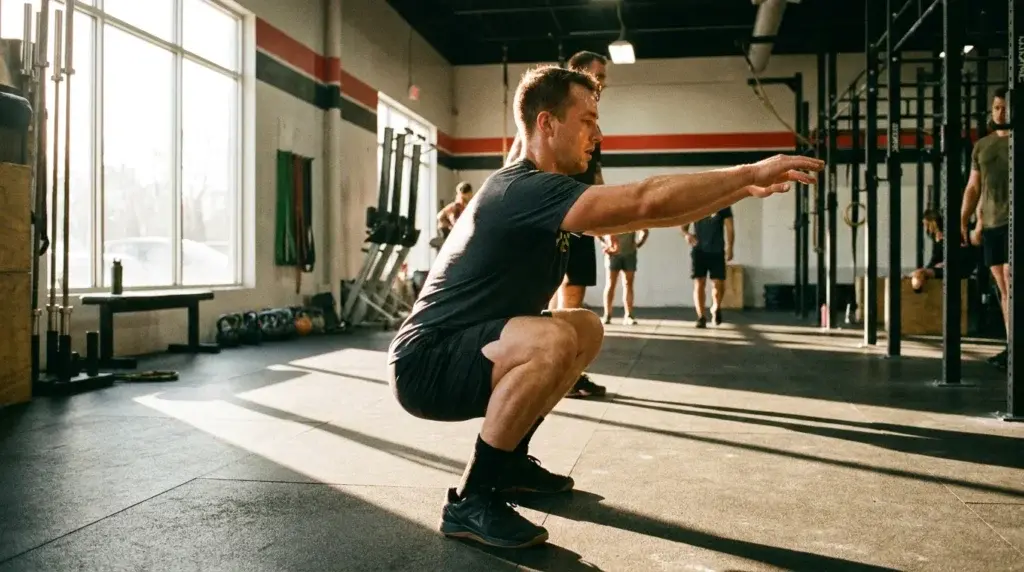 En atlet utför en air squat i djupt läge i ett CrossFit-gym