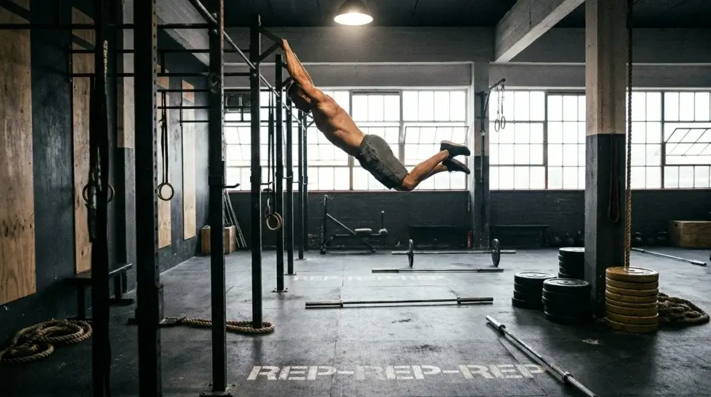 En atletisk person i sportkläder hänger i ett pull-up-stång inomhus på ett CrossFit-gym