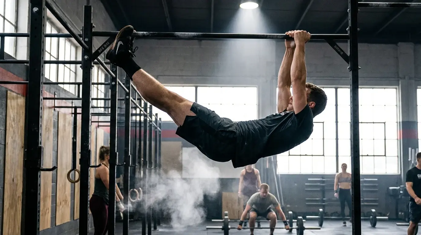 En person hänger i ett pull-up-stång med raka ben lyfta till stången