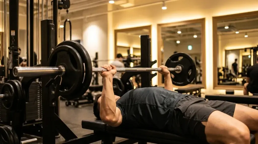 En man i god form utför bänkpress med skivstång på ett modernt gym