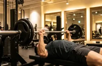 En man i god form utför bänkpress med skivstång på ett modernt gym
