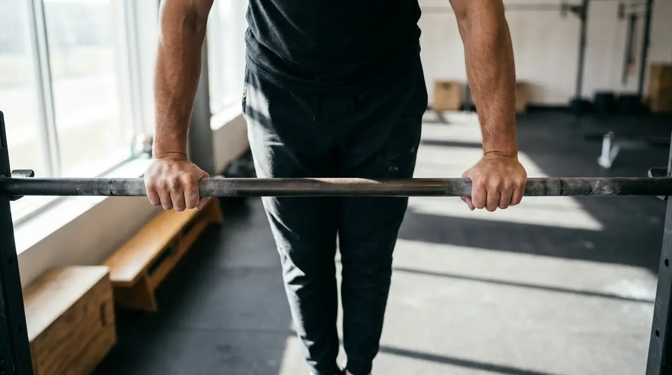 Närbild på en persons händer som håller i en pull-up-stång