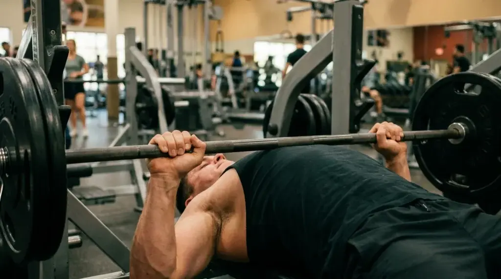 Närbild på en persons överkropp liggandes på en flat bänkpressbänk i ett gym