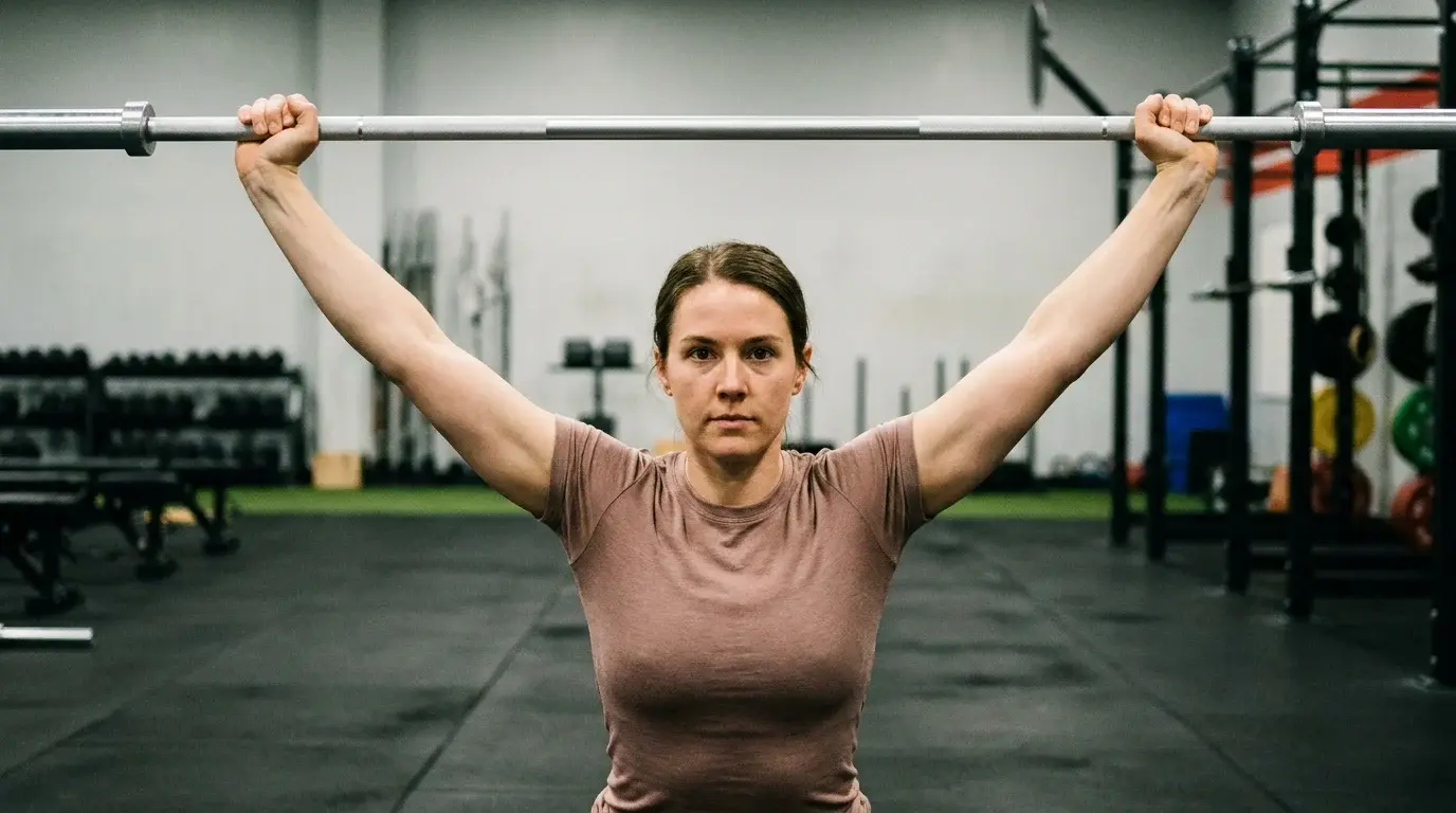 Närbild på en persons överkropp och armar som håller en lätt teknikstång i korrekt overhead squat-position