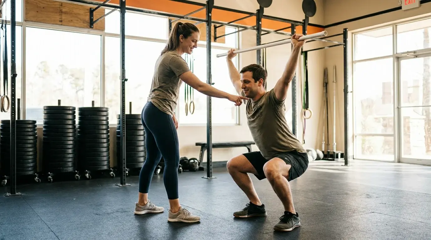 Sidovy av en instruktör och en nybörjare i ett ljust CrossFit-gym.