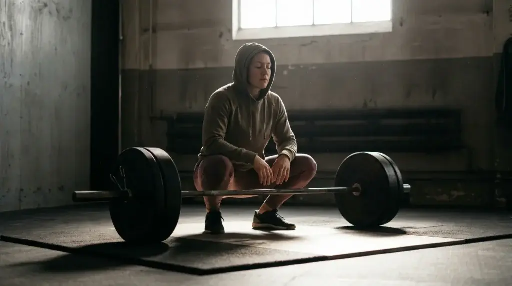 En person sitter på huk framför en skivstång på ett halvmörkt gym, blundar och är djupt koncentrerad med händerna vilande på knäna.