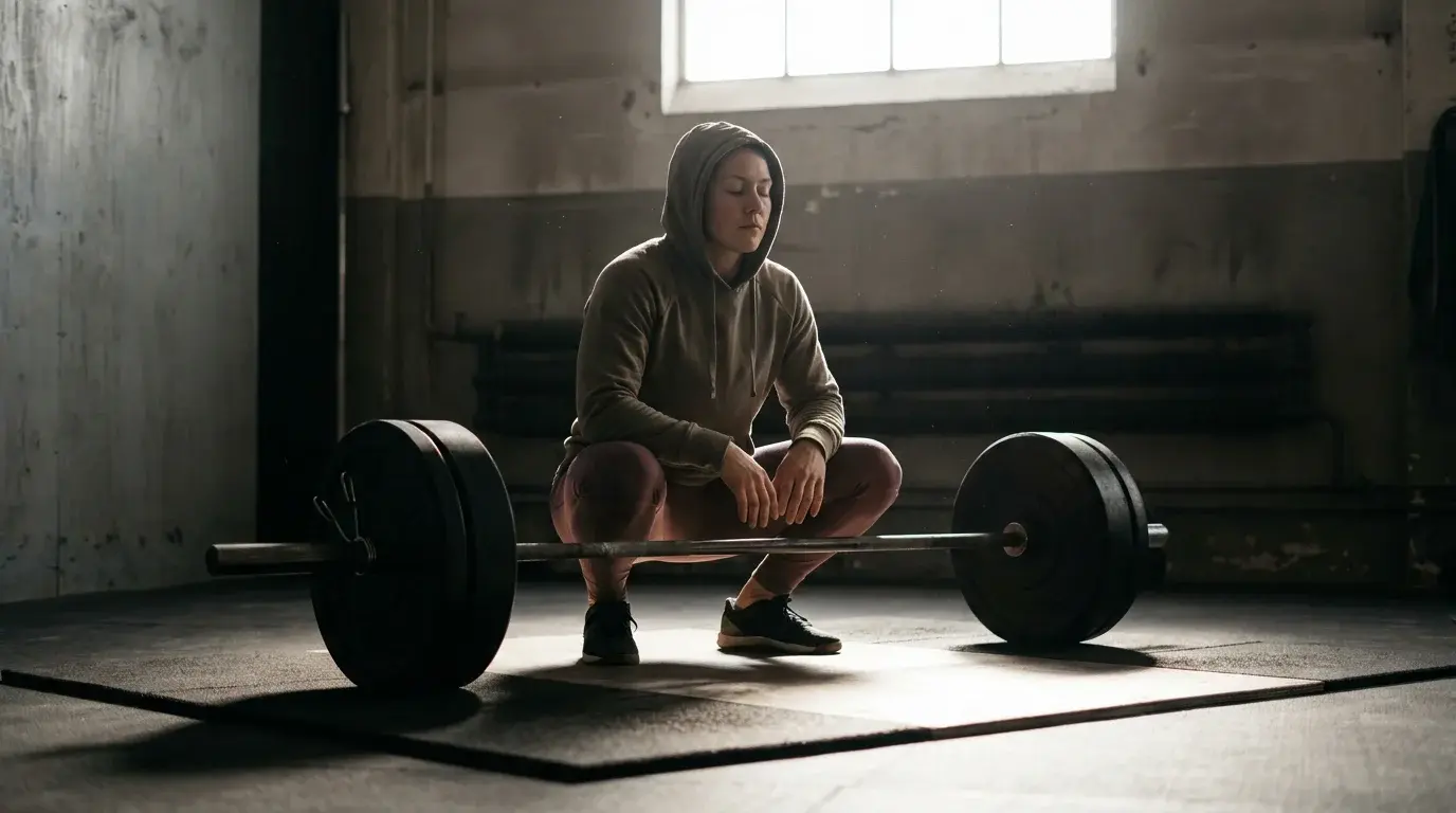 En person sitter på huk framför en skivstång på ett halvmörkt gym, blundar och är djupt koncentrerad med händerna vilande på knäna.