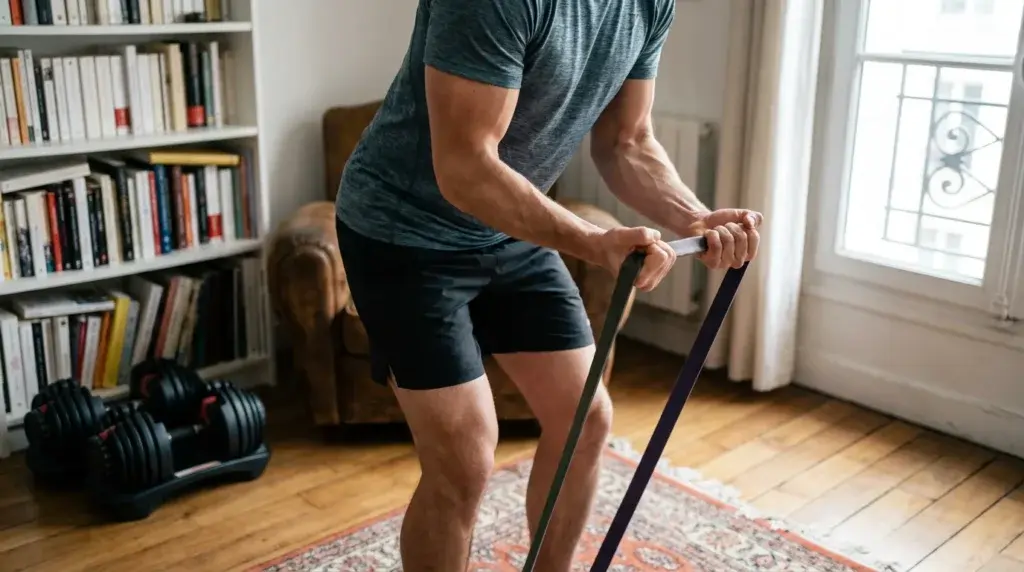 Person gör stående bicepscurl med gummiband i ett vardagsrum med hantlar och en stol i bakgrunden.