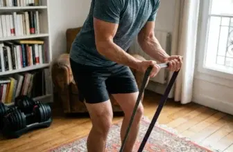 Person gör stående bicepscurl med gummiband i ett vardagsrum med hantlar och en stol i bakgrunden.