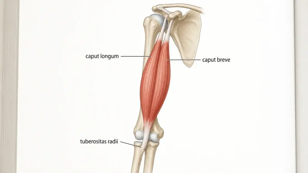 Anatomisk illustration av bicepsens två huvuden med ursprung på skulderbladet och fäste på strålbenet