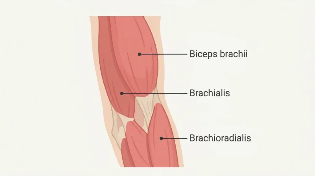 Anatomisk illustration av överarmens framsida med biceps brachii, brachialis och brachioradialis utmärkta.
