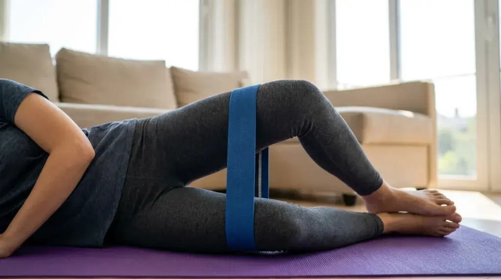 Person gör clams-övning med motståndsband runt låren liggande på sidan för att aktivera gluteus medius