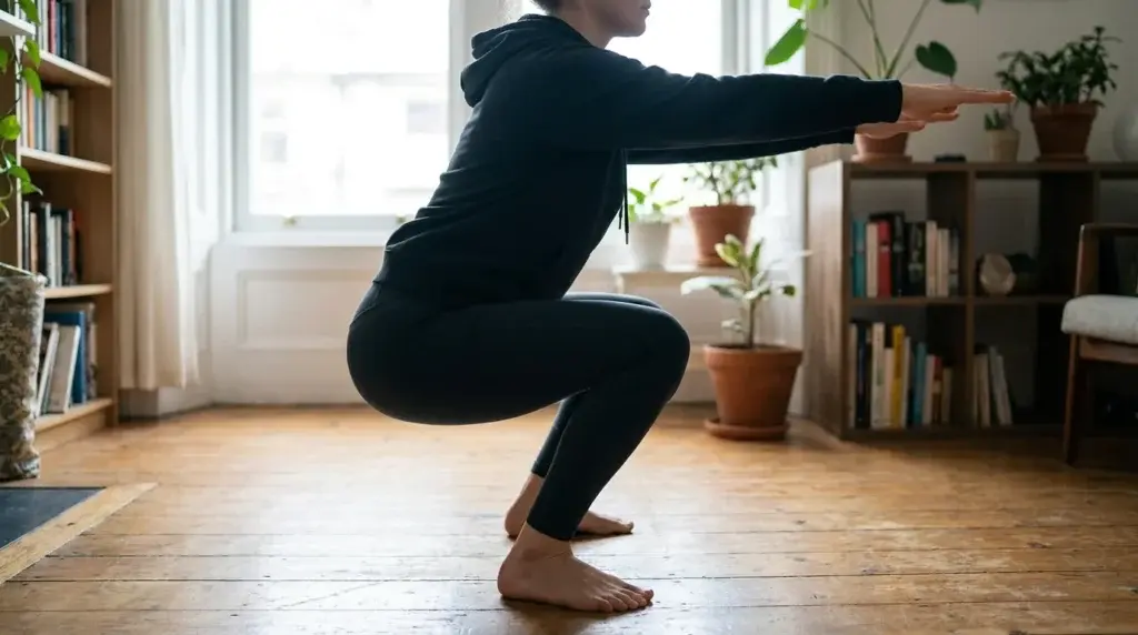 Person i djup huksittande med hälarna kvar i golvet som rörlighetstest hemma