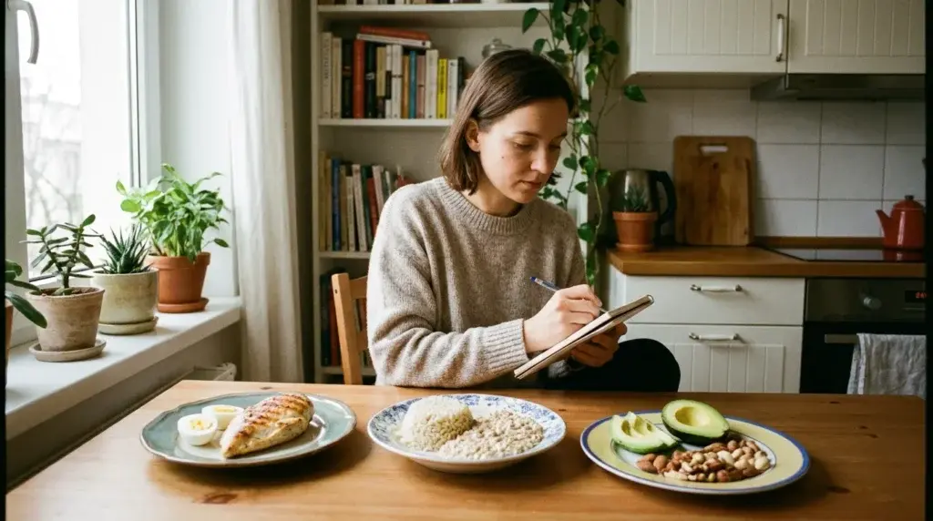 en person räknar ut makros för den mat hen ska äta. Protein, fett och kolhydrater