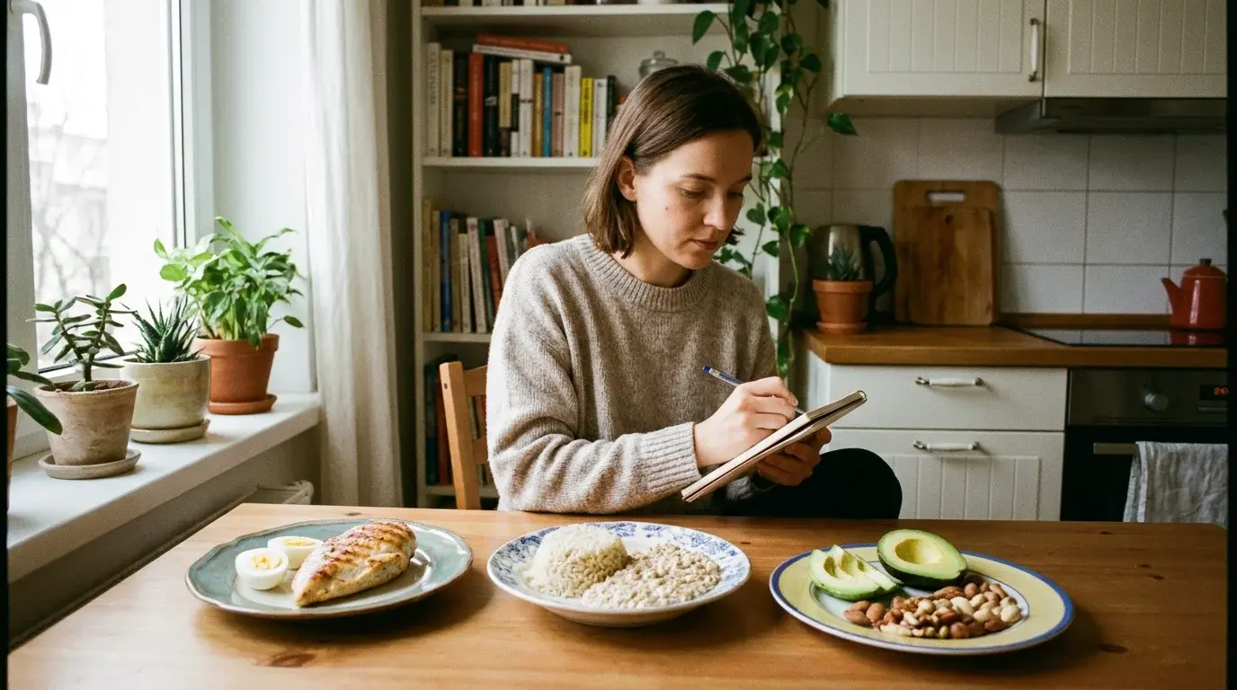 en person räknar ut makros för den mat hen ska äta. Protein, fett och kolhydrater