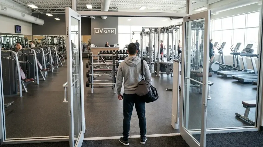 Nybörjare med gymväska står vid entrén och blickar ut över gymmets olika träningszoner
