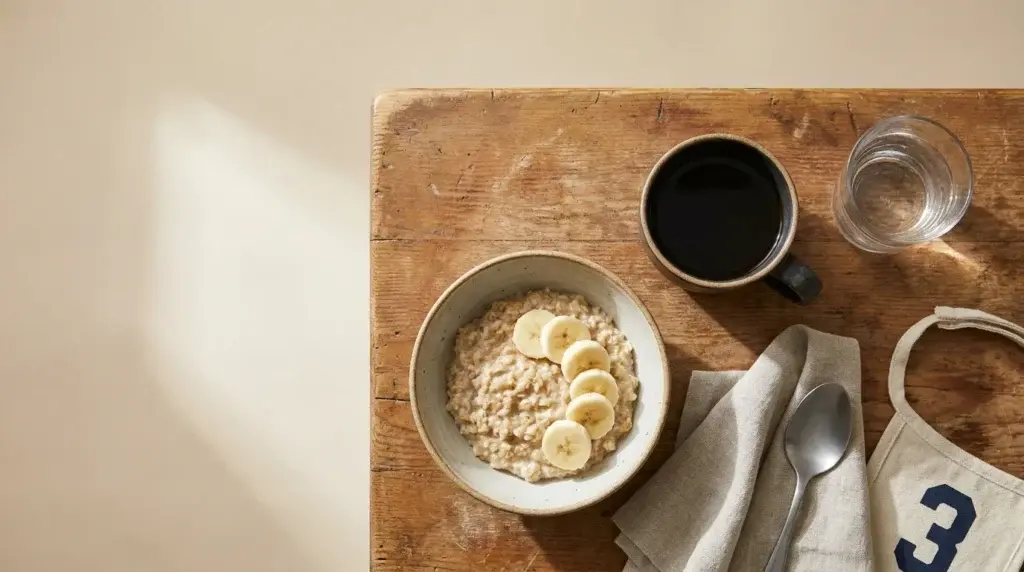 Enkel frukost på ett träbord fotograferad ovanifrån: havregrynsgröt med banan, en kopp kaffe och ett glas vatten, neutral ljust bakgrund, naturligt dagsljus från sidan, ren och avskalad komposition som signalerar en lätt och bekant måltid inför ett lopp.