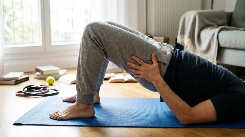 Person gör en höftlyft på yogamatta hemma med handen mot sätet för att känna muskelkontakten