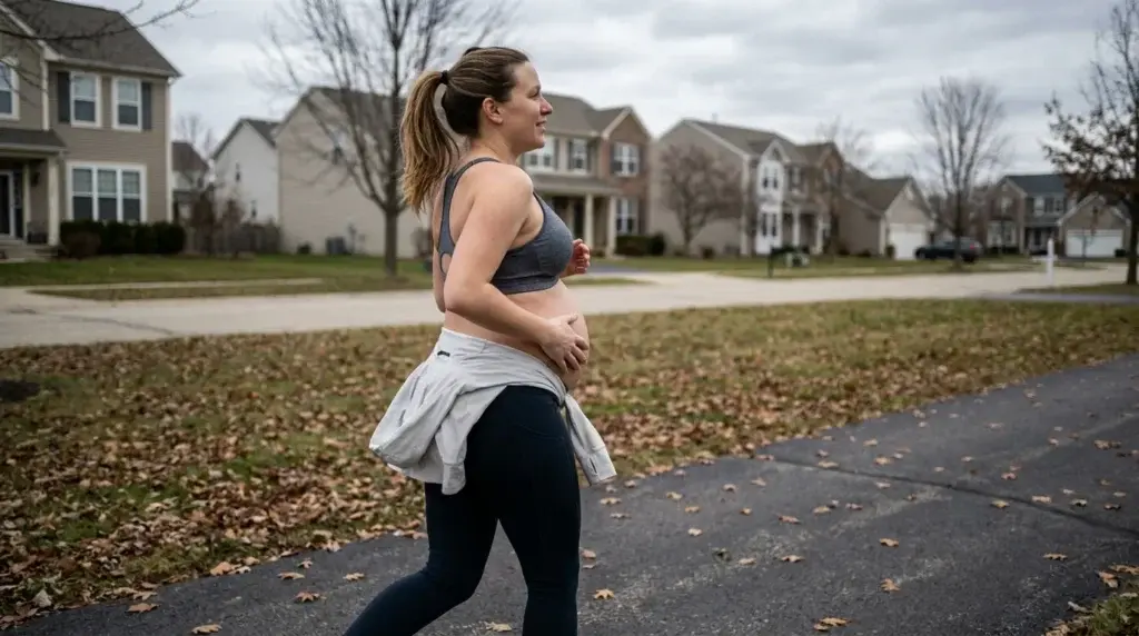 Gravid kvinna joggar i lugnt tempo på en gångväg med handen mot magen