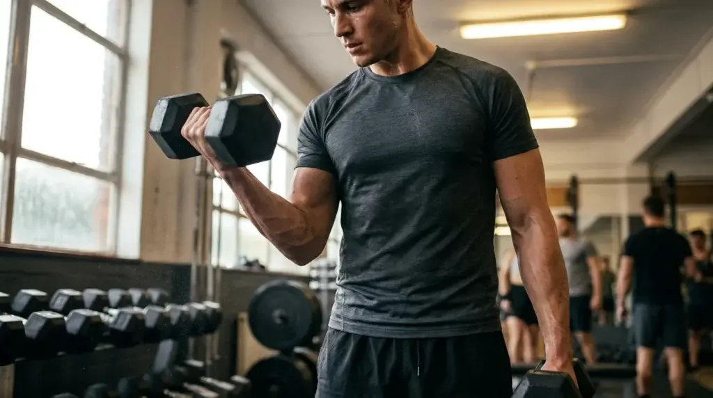 Person utför stående hantelcurl i gym med supinerat grepp och armbågen låst intill kroppen.