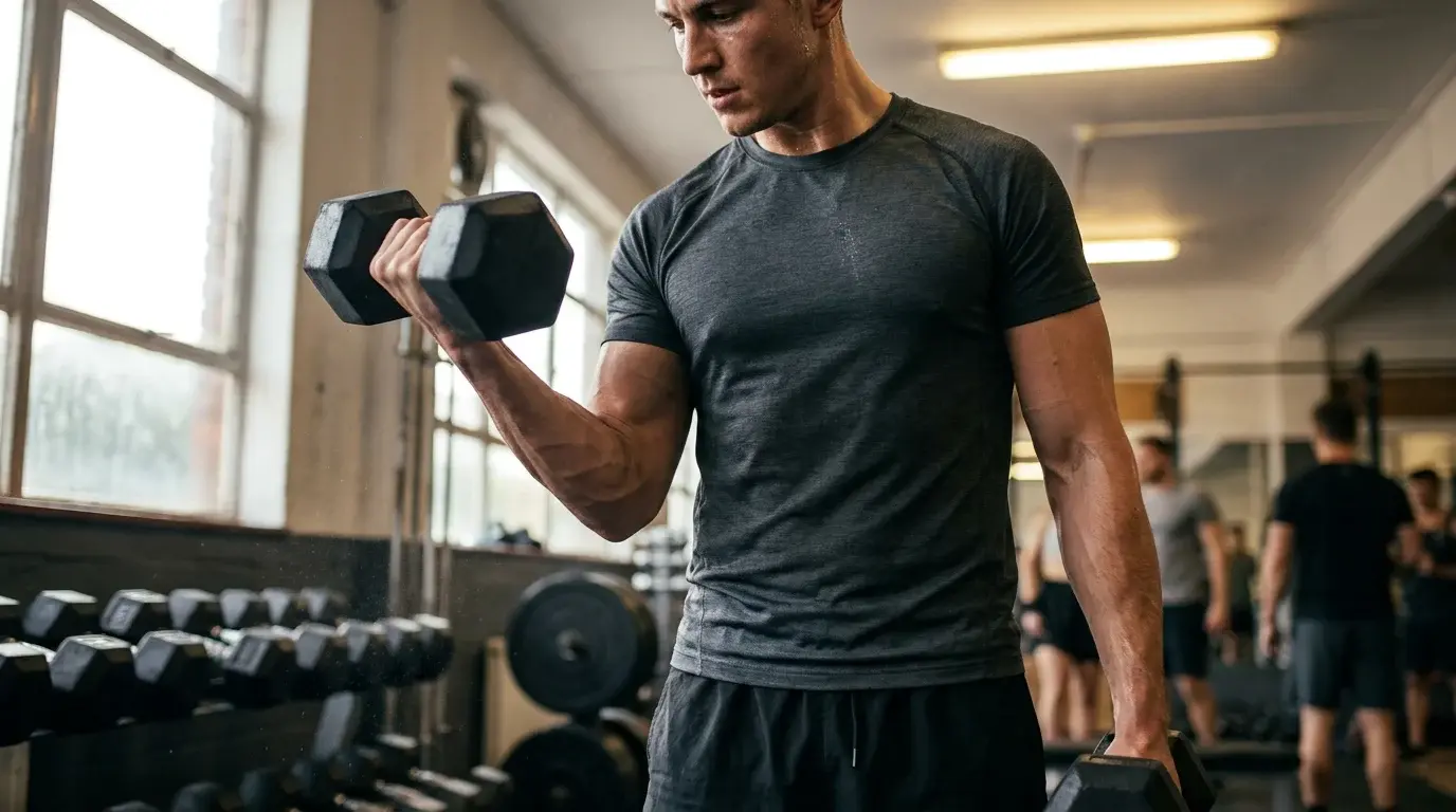 Person utför stående hantelcurl i gym med supinerat grepp och armbågen låst intill kroppen.
