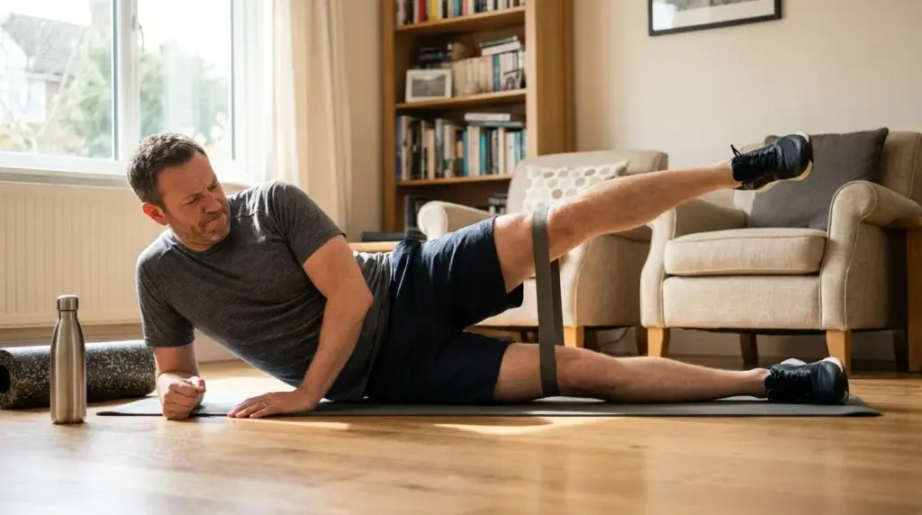 Löpare gör sidoliggande höftabduktion med motståndsband som rehab för IT-band syndrom