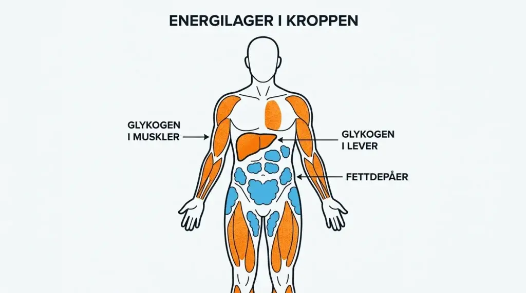 Schematisk illustration av människokroppen som visar energilager: glykogen i muskler och lever markerat i orange, fettdepåer i blått, tecknad pedagogisk stil med tydliga etiketter på svenska, vit bakgrund, läroboksstil med ren grafisk tydlighet.