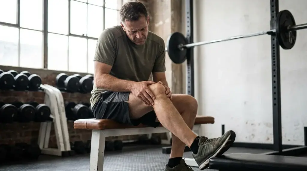 Tränande person som känner efter i knät mitt under ett gympass