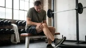 Tränande person som känner efter i knät mitt under ett gympass