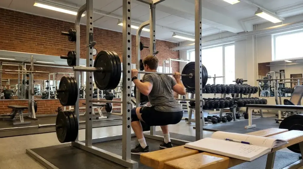 en man på gymmet som val korrekt vikt på skivstången för knäböj