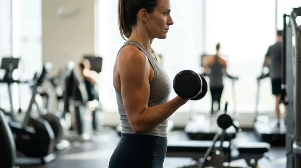 Kvinna gör en kontrollerad hantelcurl i gymmet med spänd, definierad överarm