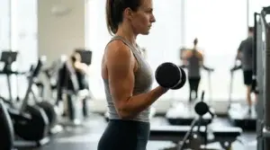Kvinna gör en kontrollerad hantelcurl i gymmet med spänd, definierad överarm