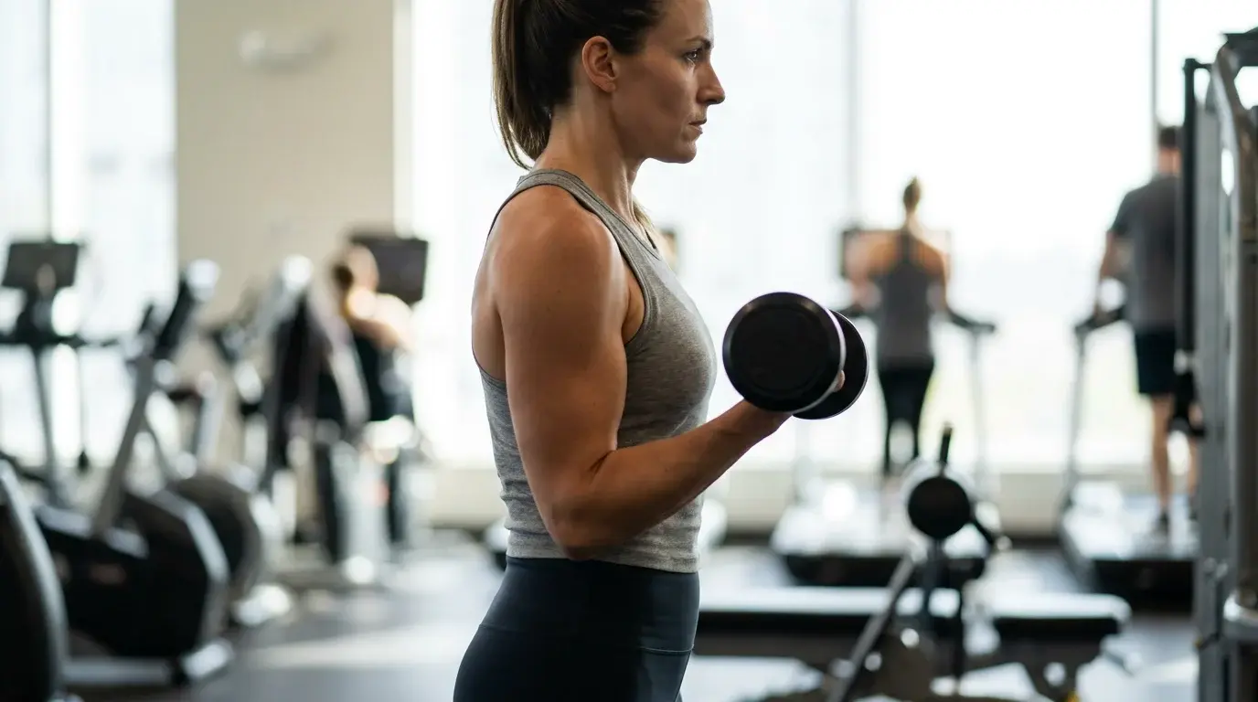 Kvinna gör en kontrollerad hantelcurl i gymmet med spänd, definierad överarm