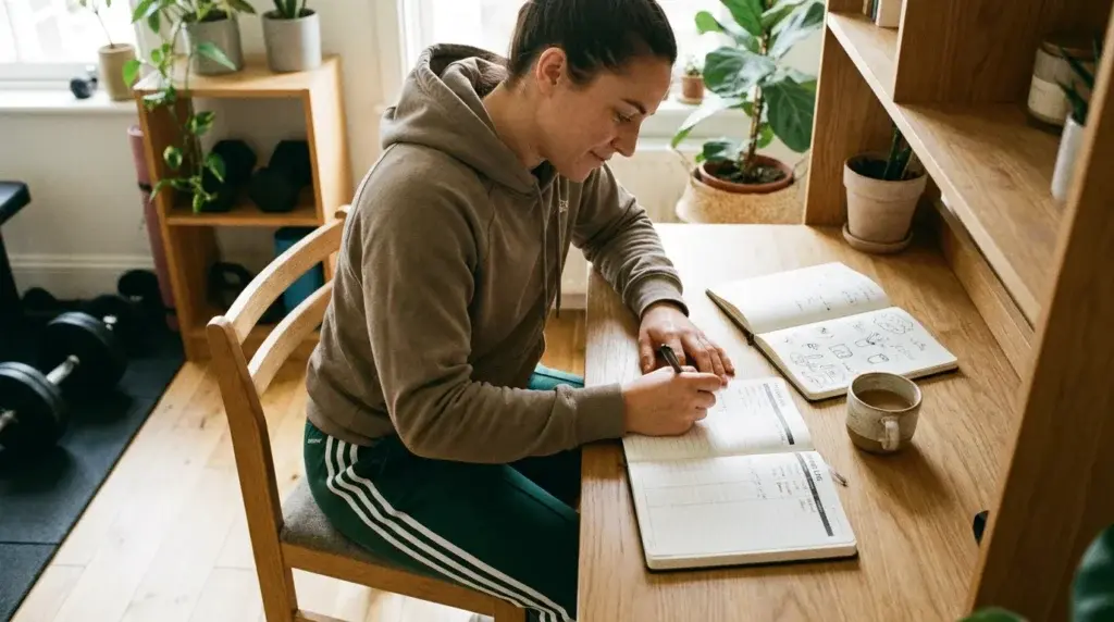kvinna som är nybörjare på träning skriver upp sina mål för motivation