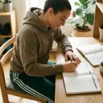 kvinna som är nybörjare på träning skriver upp sina mål för motivation