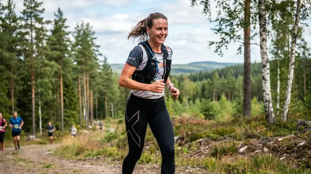 En kvinna tränar långdistanslöpning på en skogsstig med löparväst